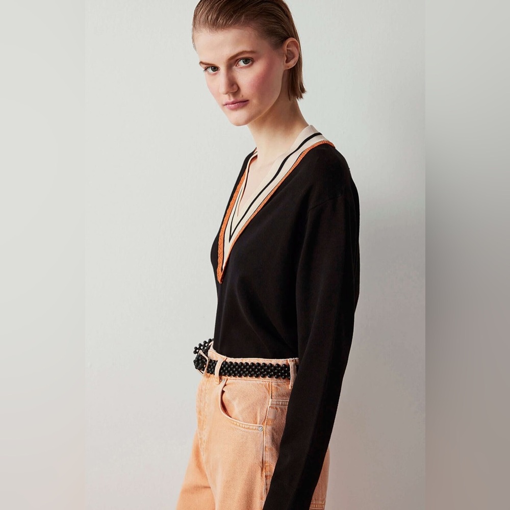 Sandro Colle Striped Neck Wool & Cashmere Sweater - Picture 10 of 12